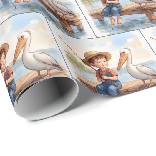 Boy Fishing On a Dock With a Pelican Geschenkpapier (Rolleneckpunkt)