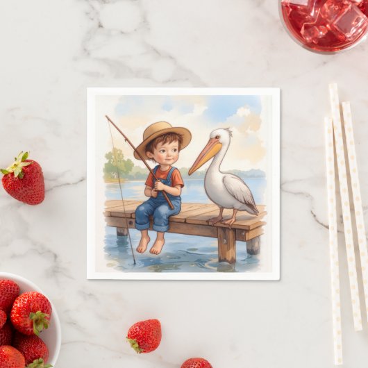 Boy Fishing On a Dock With a Pelican Serviette (Beispiel)