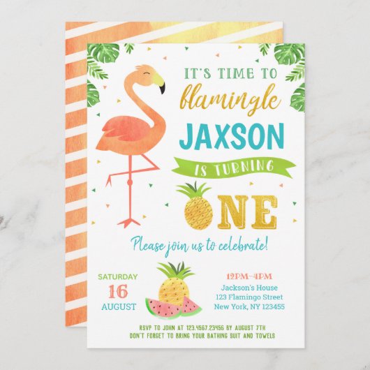 Boy Flamingo Luau Erster Geburtstag Einladungen (Vorne/Hinten)