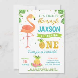 Boy Flamingo Luau Erster Geburtstag Einladungen