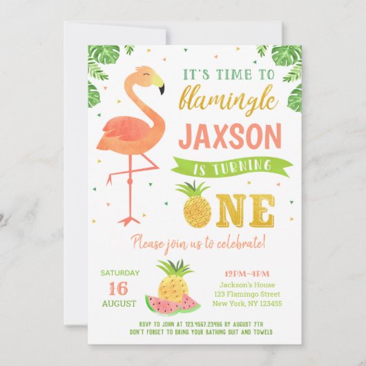 Boy Flamingo Luau Erster Geburtstag Einladungen (Vorderseite)