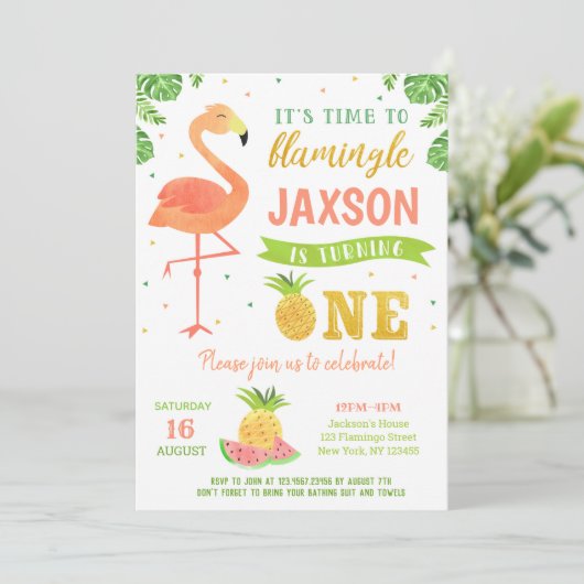Boy Flamingo Luau Erster Geburtstag Einladungen (Stehend Vorderseite)