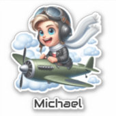 Boy Flying Airplane Clouds Fun Kids Personalized Aufkleber (Vorderseite)