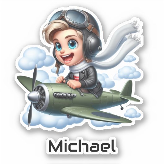 Boy Flying Airplane Clouds Fun Kids Personalized Aufkleber (Vorderseite)