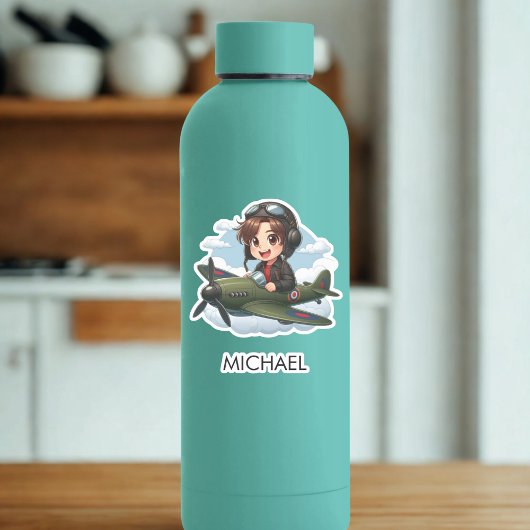 Boy Flying Airplane Cute Kids Personalized Aufkleber