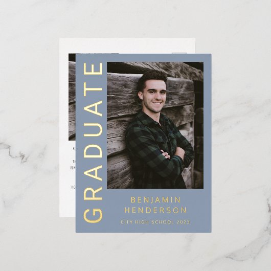 Boy Foto Blue Gold Foil Abschluss Ankündigung (Vorderseite/Rückseite)