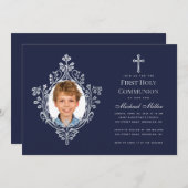 Boy Foto Erste Kommune Navy Blue Imitate Silver Einladung (Vorne/Hinten)