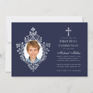 Boy Foto Erste Kommune Navy Blue Imitate Silver Einladung
