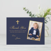 Boy Foto Taufen Imitate Gold Foil Navy Blue Script Dankeskarte (Stehend Vorderseite)