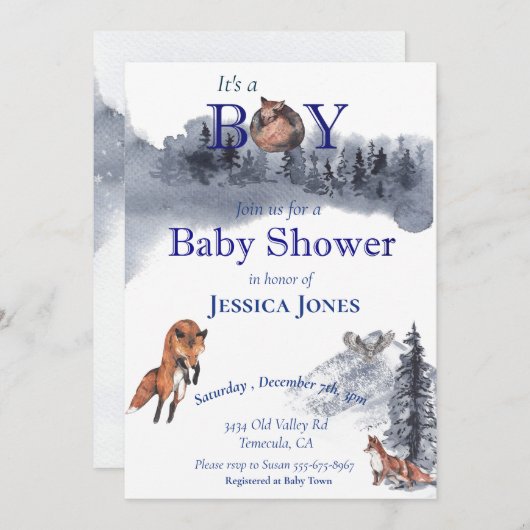 Boy Fox Baby Dusche Winterwald Einladung (Vorne/Hinten)