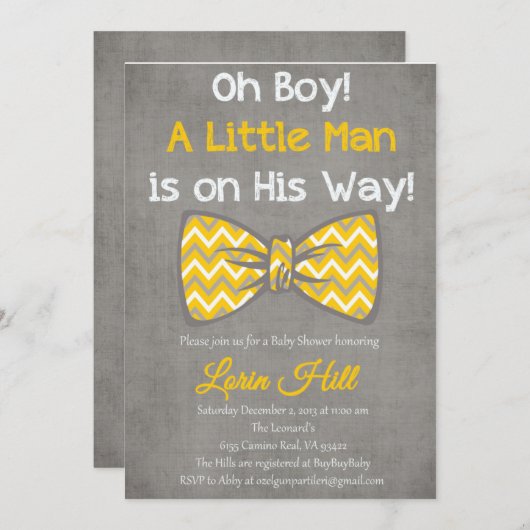 Boy-gelb-graue Bugbrust-Krawatte Babydusche Einlad Einladung (Vorne/Hinten)