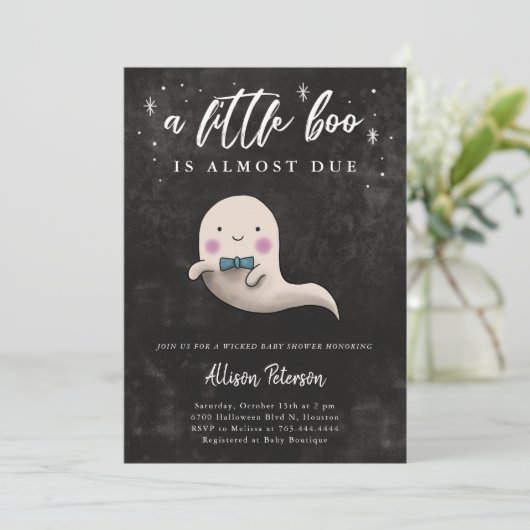 Boy Ghost Halloween Baby Dusche Little Boo Einladung (Stehend Vorderseite)