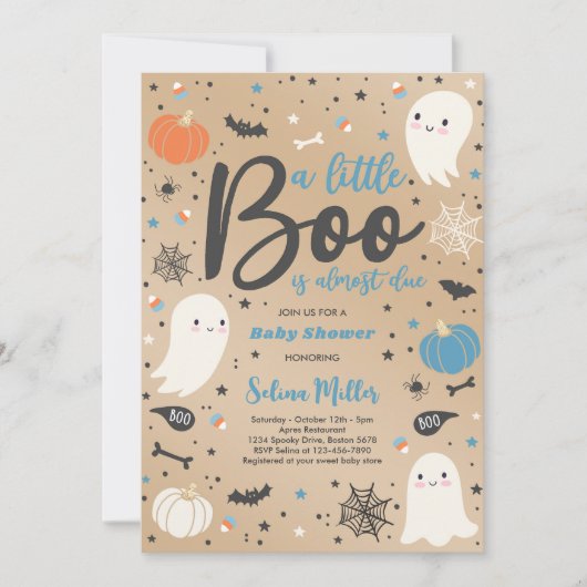 Boy Ghost Little Boo ist zu Halloween Baby Dusche Einladung (Vorderseite)