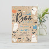 Boy Ghost Little Boo ist zu Halloween Baby Dusche Einladung (Stehend Vorderseite)
