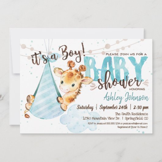 Boy Giraffe Baby Shower Einladung (Vorderseite)