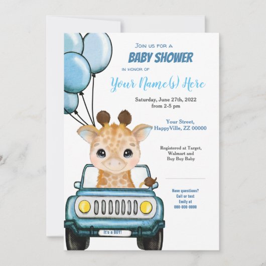 Boy Giraffe in Car Baby Shower Einladung Balloons (Vorderseite)