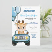 Boy Giraffe in Car Baby Shower Einladung Balloons (Stehend Vorderseite)