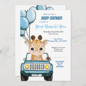 Boy Giraffe in Car Baby Shower Einladung Balloons (Vorne/Hinten)
