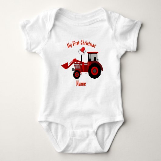 Boy Girl First Christmas Personalisiert RED TRACTO Baby Strampler (Vorderseite)