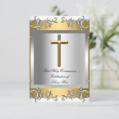 Boy Girl First Heilige Kommunion Silver Gold Einladung (Stehend Vorderseite)