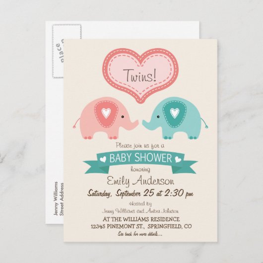 Boy & Girl Twin Pink & Aquamarin Elephants Kinderd Einladungspostkarte (Vorne/Hinten)