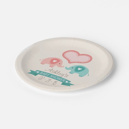 Boy & Girl Twin Pink & Aquamarin Elephants Kinderd Pappteller (Schrägansicht)