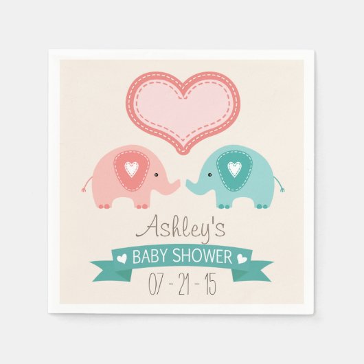 Boy & Girl Twin Pink & Aquamarin Elephants Kinderd Serviette (Vorderseite)