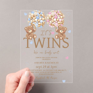 Boy Girl Twins Bear Balloons Babydusche Acryleinladungen