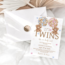 Boy Girl Twins Bear Balloons Rustic Baby Dusche Einladung