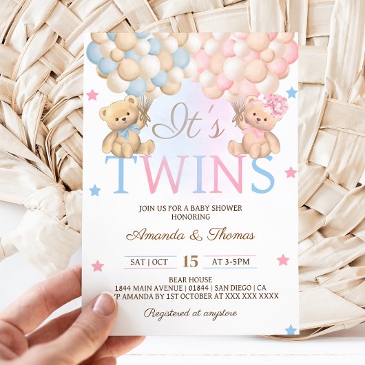 Boy Girl Twins Bear mit Balloons Babydusche Einladung