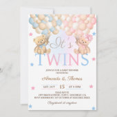 Boy Girl Twins Bear mit Balloons Babydusche Einladung (Vorderseite)