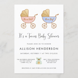 Boy Girl Twins Carriage Watercolor Babydusche Einladung