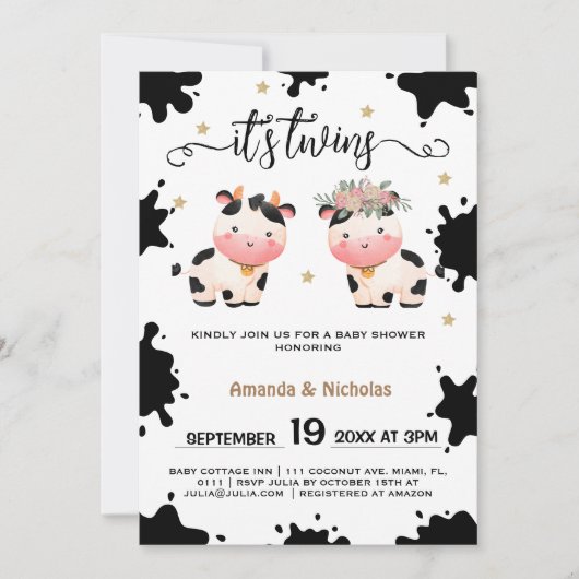 Boy Girl Twins Heilige Kuh Themed Baby Dusche Einladung (Vorderseite)