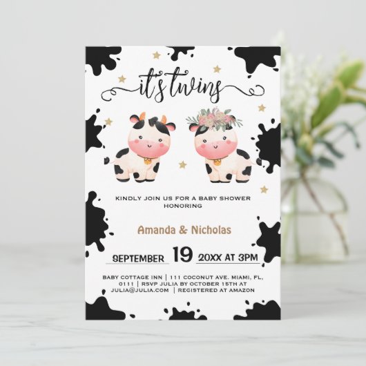 Boy Girl Twins Heilige Kuh Themed Baby Dusche Einladung (Stehend Vorderseite)