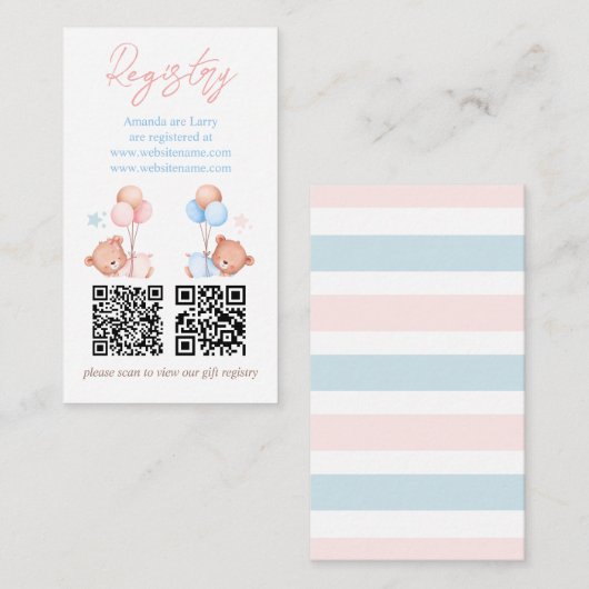 Boy Girl Twins Teddy Bear Baby Shooter Registry Begleitkarte (Vorne/Hinten)