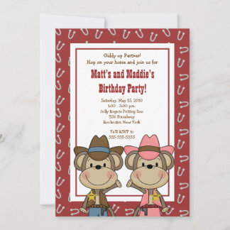 BOY & GIRL Western Cowboy Monkey 12x18 Geburtstag Einladung