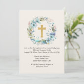 Boy Gold Cross Blue Floral Religious Baptism Einladung (Stehend Vorderseite)