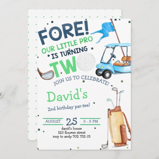 Boy Golf Par tee 2. Geburtstag Einladung (Vorne/Hinten)