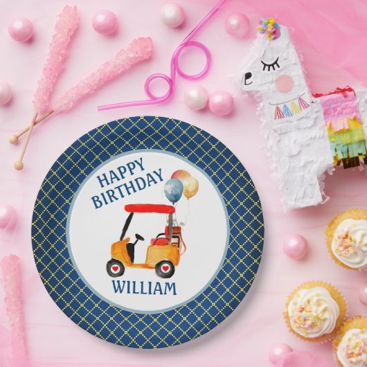 Boy Golf Theme Blue Red Yellow Personalisiert Pappteller (Party)