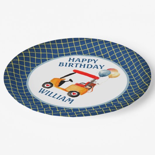 Boy Golf Theme Blue Red Yellow Personalisiert Pappteller (Schrägansicht)