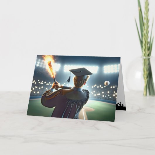Boy Graduate Swinging a Flaming Baseball Bat Karte (Vorderseite)