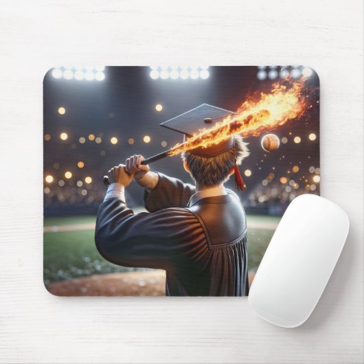 Boy Graduate Swinging a Flaming Baseball Bat Mousepad (Mit Mouse)
