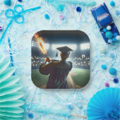 Boy Graduate Swinging a Flaming Baseball Bat Pappteller (Party)