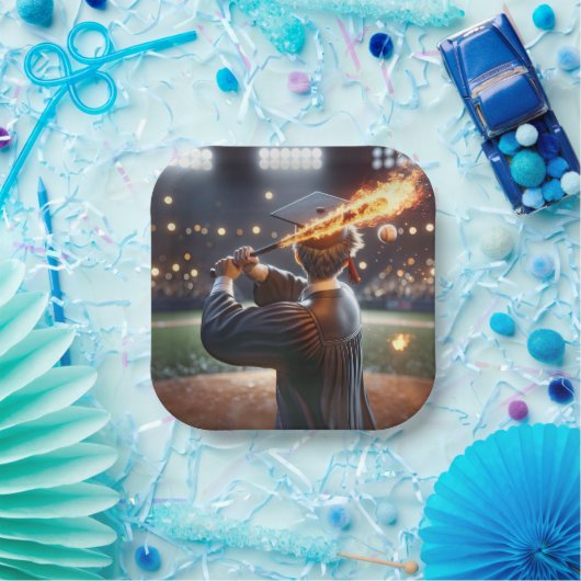 Boy Graduate Swinging a Flaming Baseball Bat Pappteller (Party)