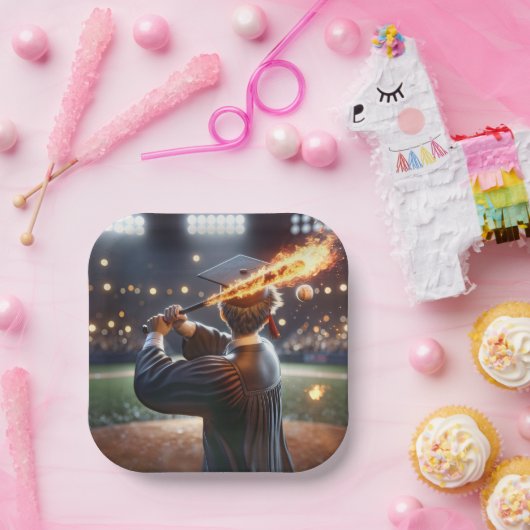 Boy Graduate Swinging a Flaming Baseball Bat Pappteller (Party)