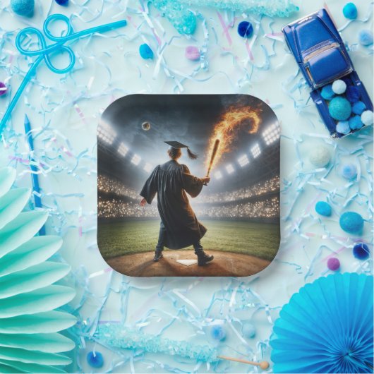 Boy Graduate Swinging a Flaming Baseball Bat Pappteller (Party)