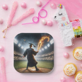 Boy Graduate Swinging a Flaming Baseball Bat Pappteller (Party)