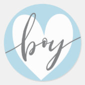 "Boy" Gray White Baby Blue Heart Runder Aufkleber (Vorderseite)