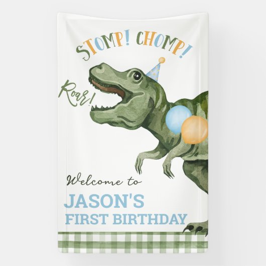 Boy Green Dinosaur 1. Geburtstag Begrüßungsbanner Banner (Vertikal)