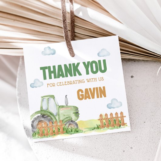 Boy Green Tractor Birthday Party Square Geschenkanhänger